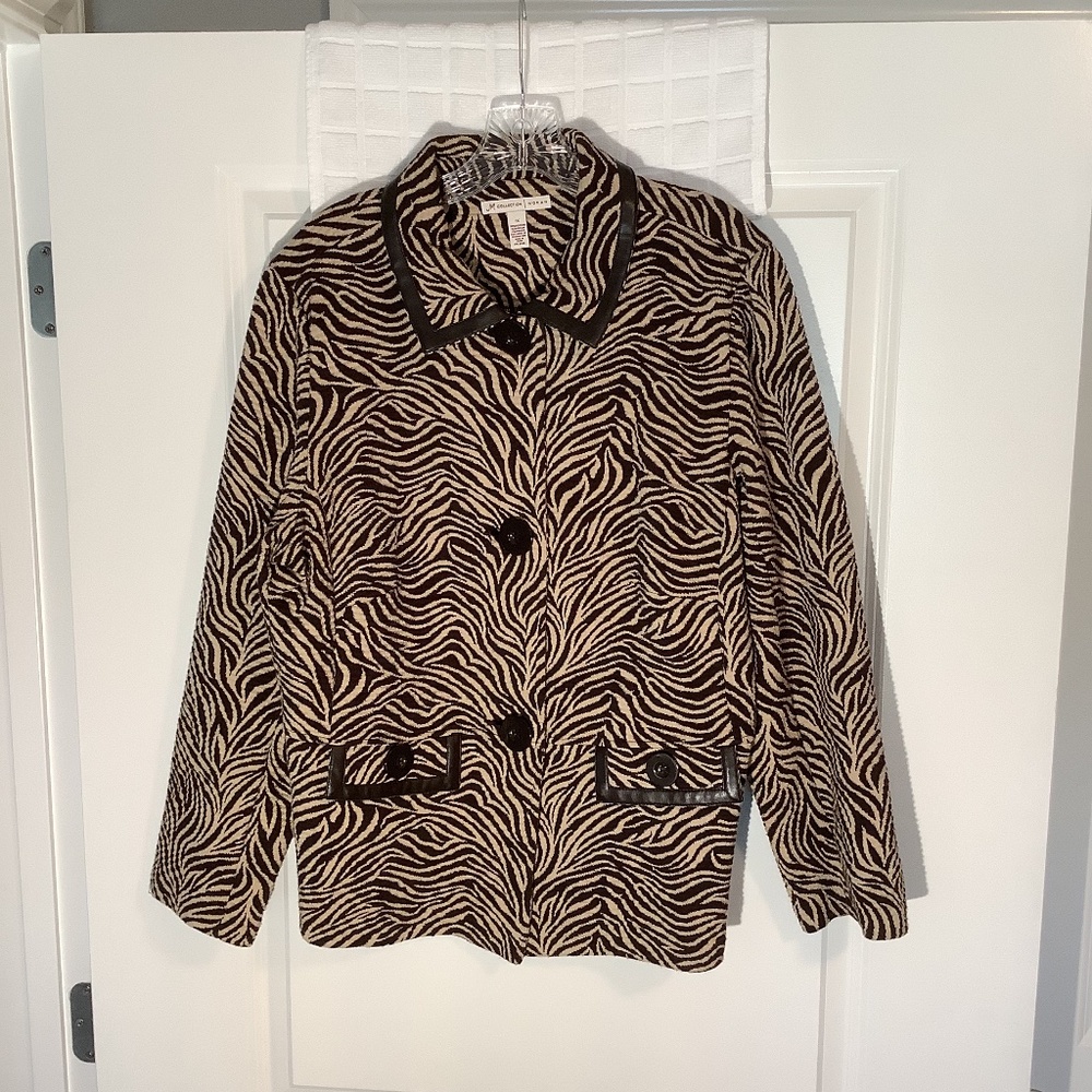 JM Collection Button Down Coat Zebra Pattern Brown/ Tan Size 1X